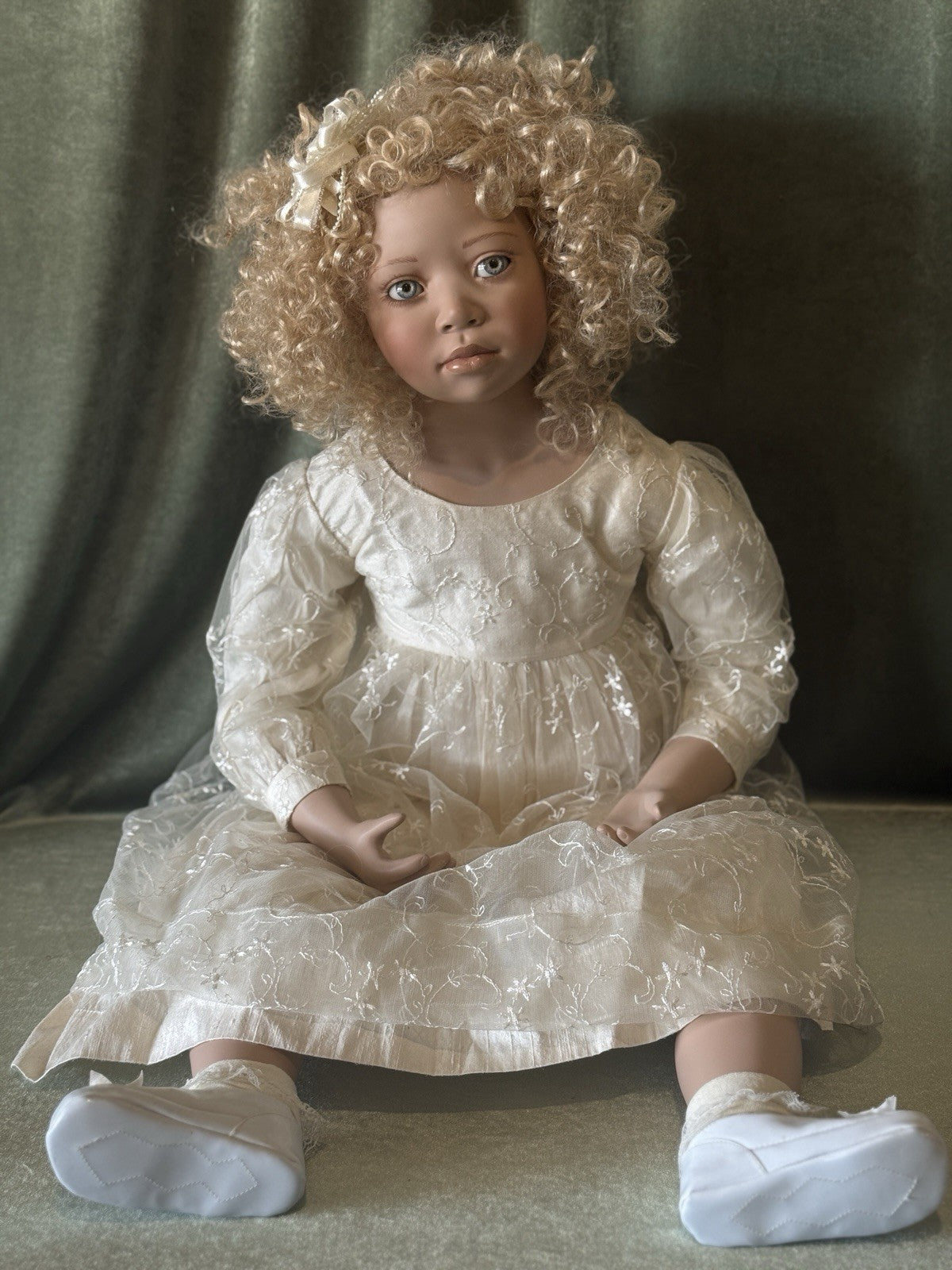 Lifelike 37” Collectible Porcelain Doll “Hilary” (?) by Christine Orange Box