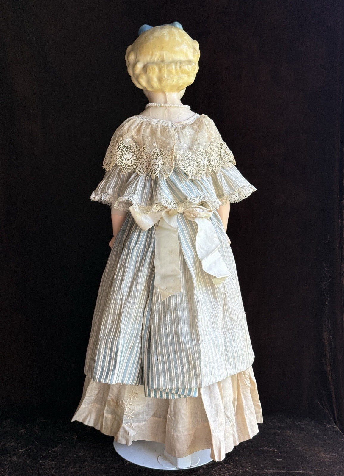 Large Antique German 30” Wax Over Papier Mache Alice Molded Bow Doll