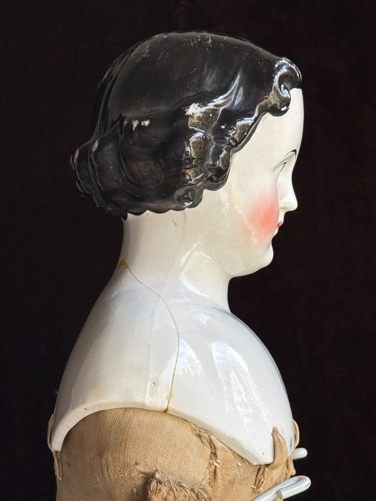 Large Antique German 27” Highbrow Flat Top Brunette China Fashion Doll