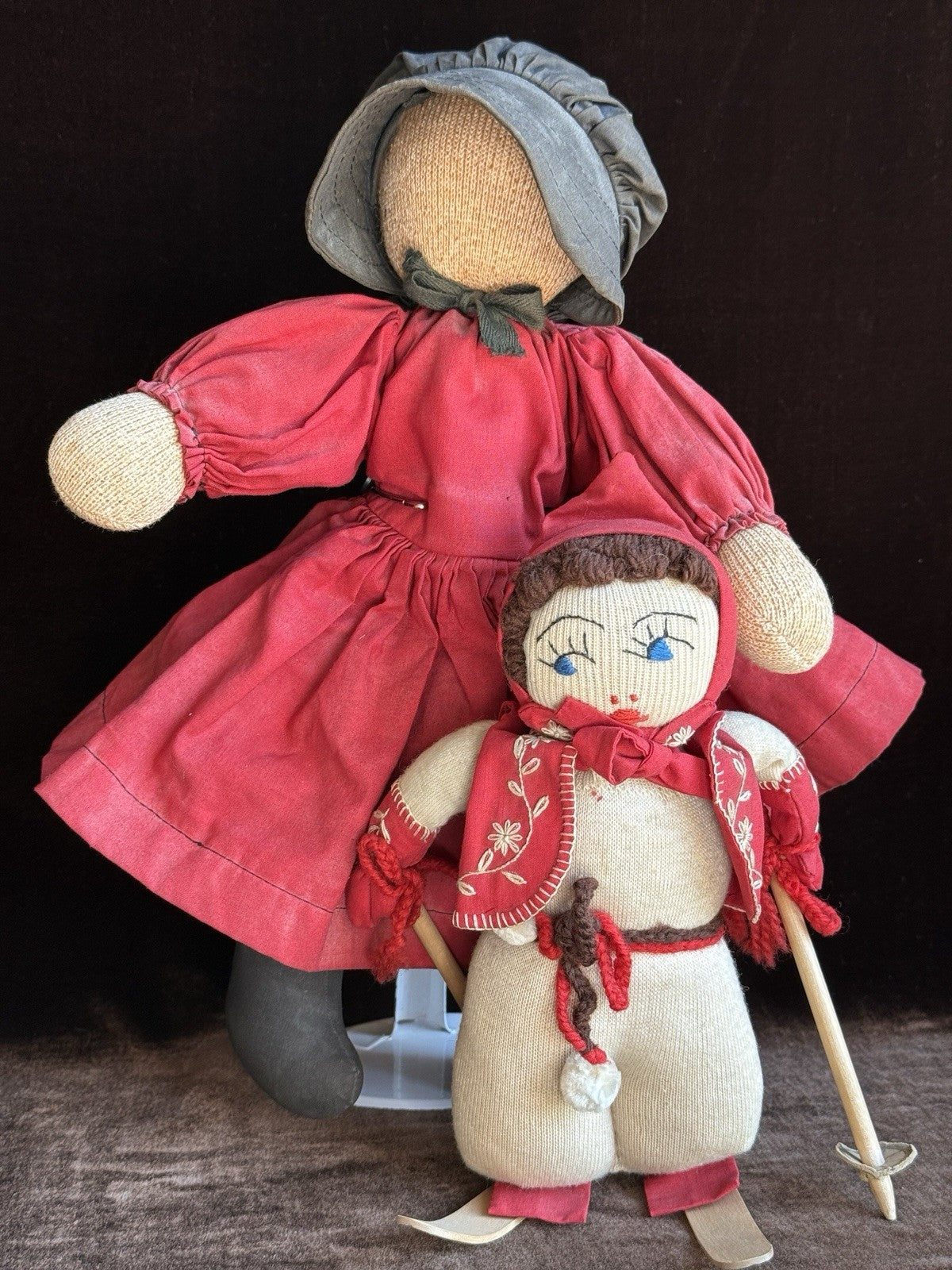 Lot of 2 Vintage Stockinette Amish and Skier Dolls