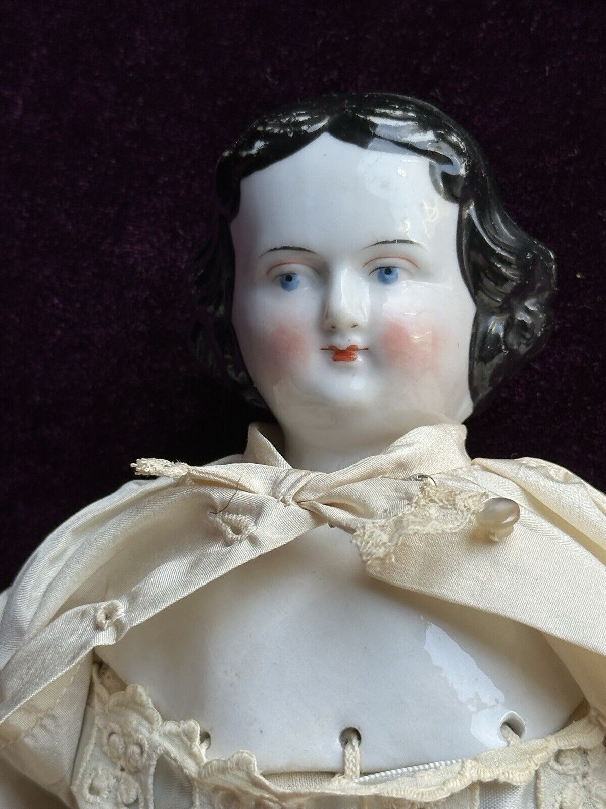 Antique German 17” Flat Top Highbrow Brunette China Head Doll