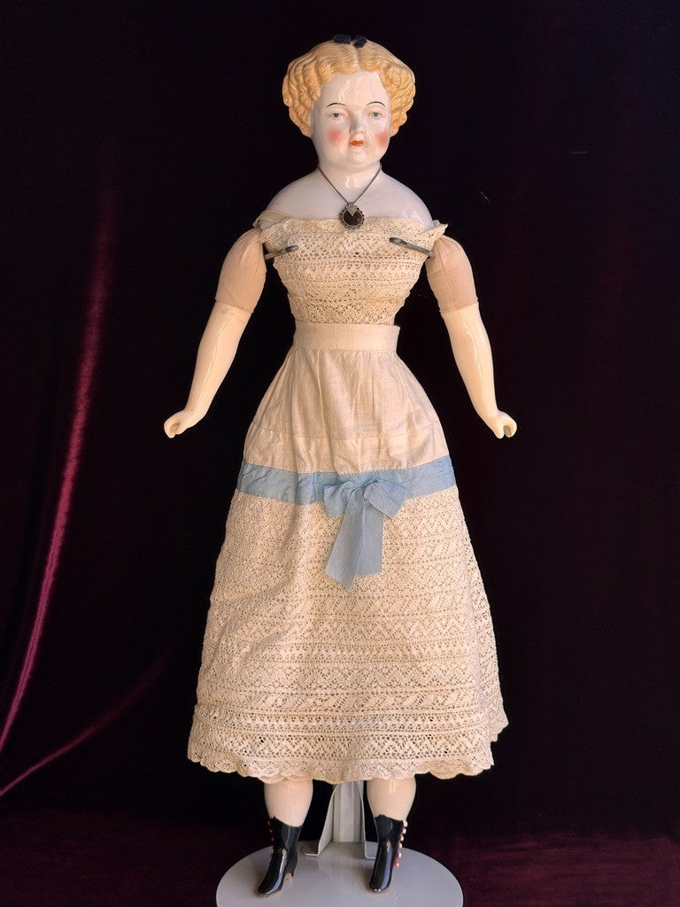 Large Antique German 26” Flat Top Highbrow China Shoulder Head Blonde Doll