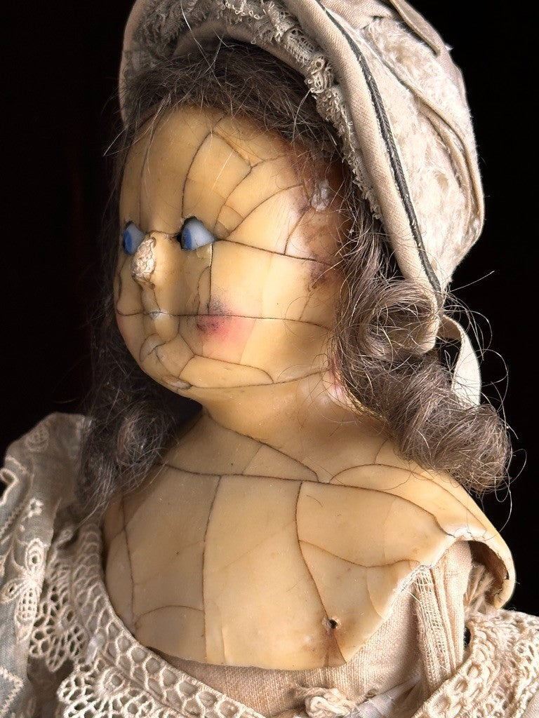 Antique English All Original Mad Alice 22” Wax Over Papier Mache Head Doll