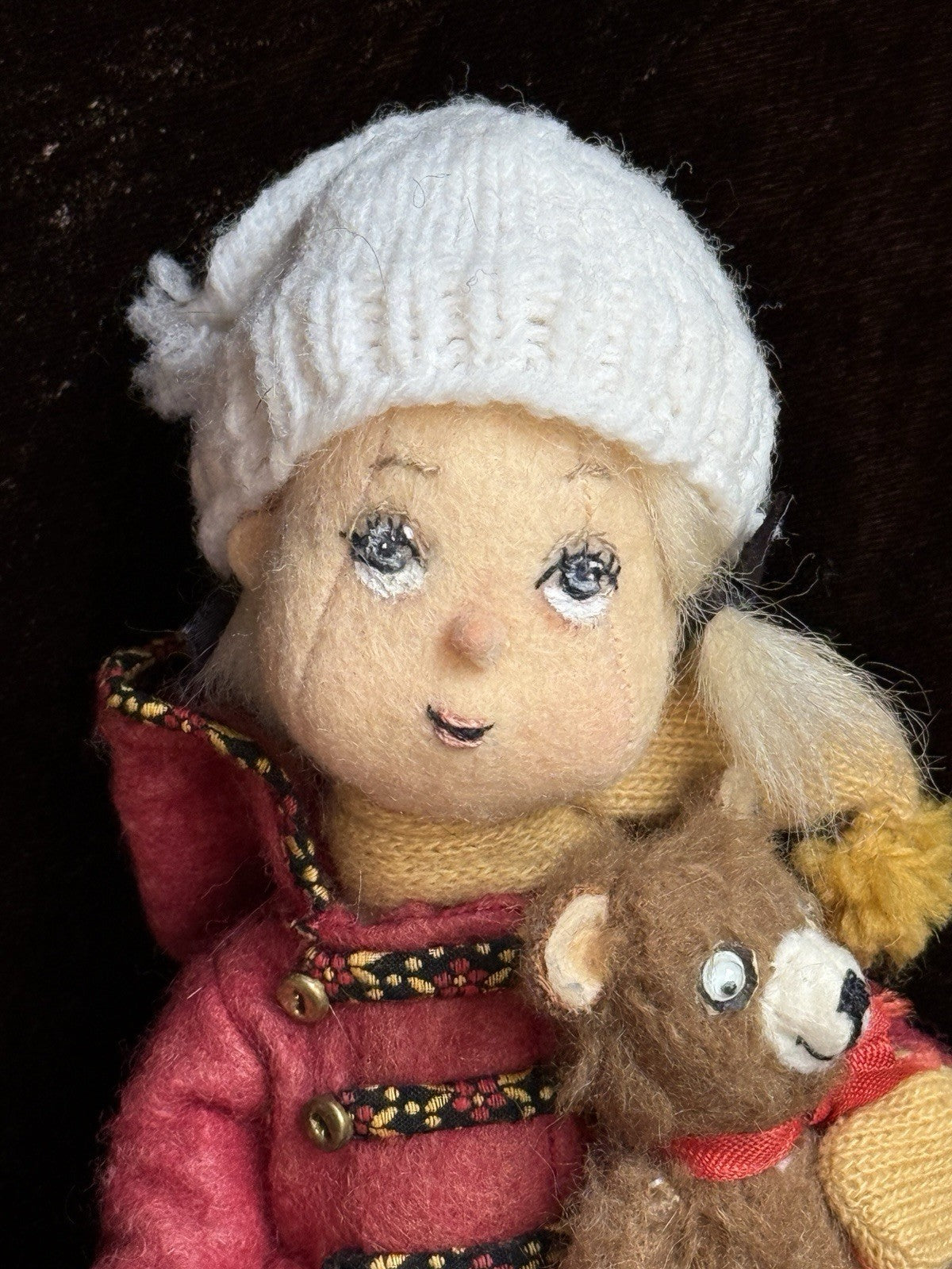Miniature 8” Handmade Felt Cloth Doll with Teddy Bear