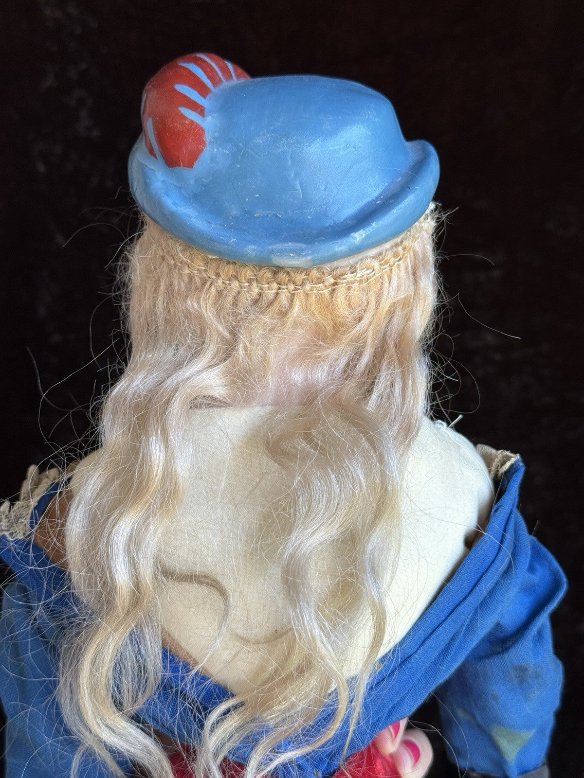 Rare Antique German 20” Wax Over Papier Mache Molded Hat Doll
