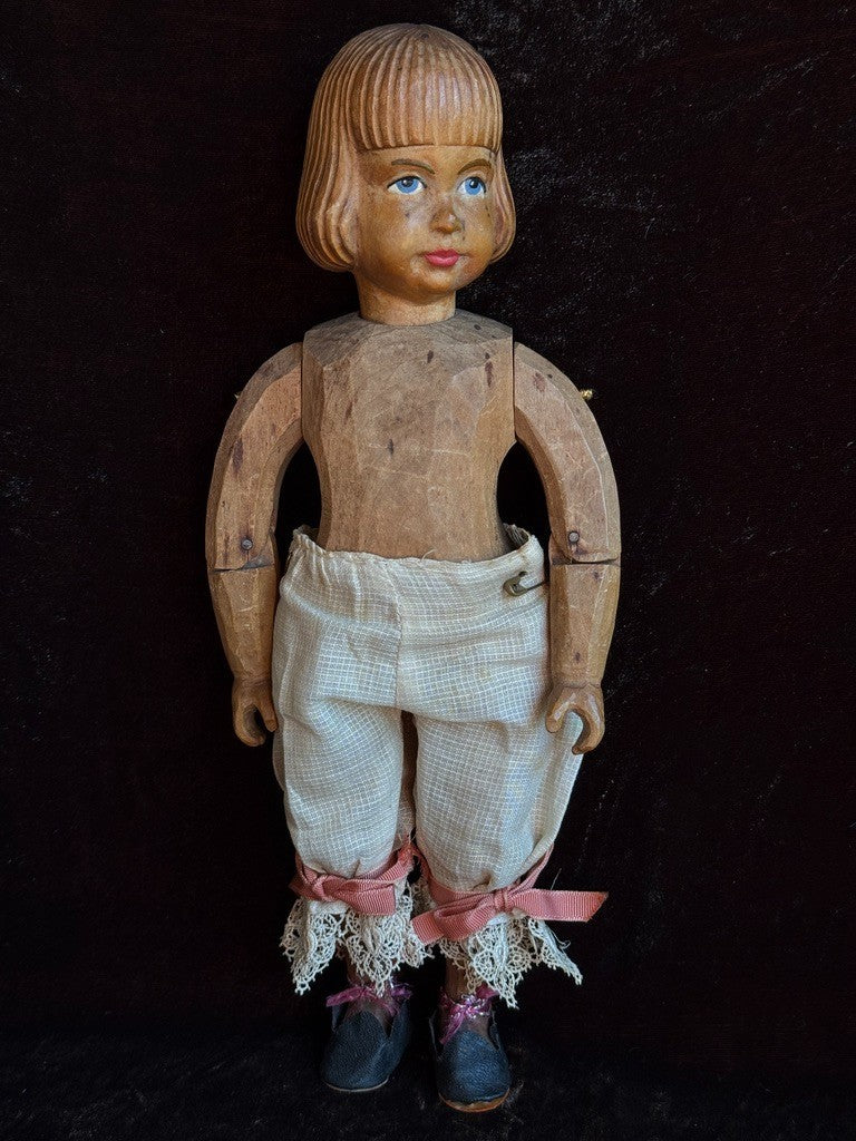 Large Vintage 11.5” Swiss Huggler Wood Carved Jointed Doll