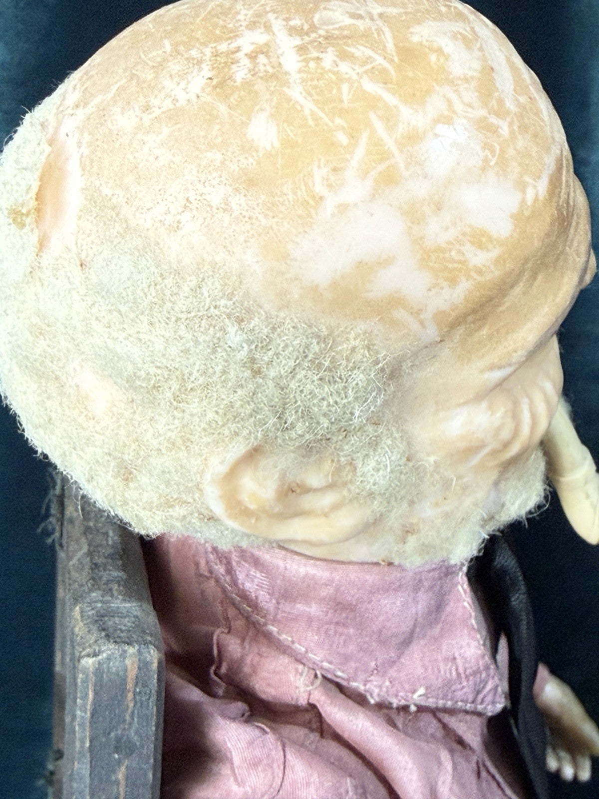 Unidentified Antique (?) Wax Doll Old Men In The Wooden Chair Smoking Pipe