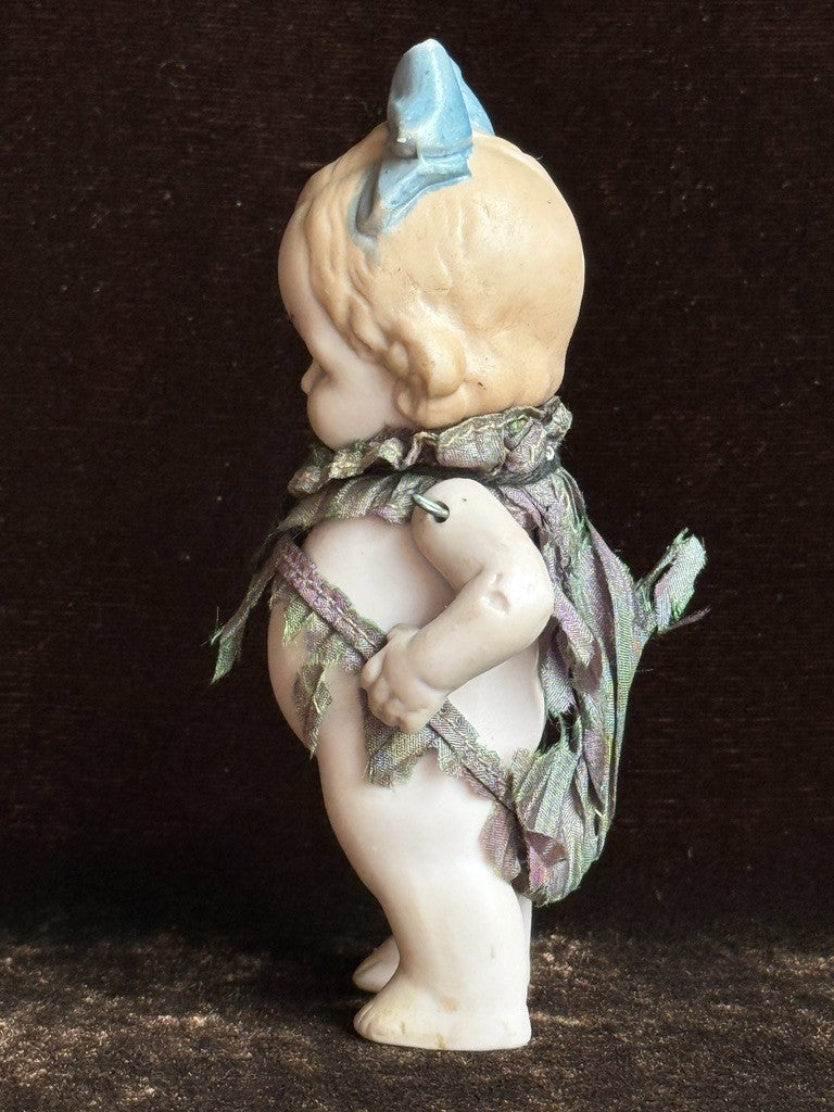 Antique German Hertwig Miniature 4" All Bisque Dollhouse Doll Molded Bow