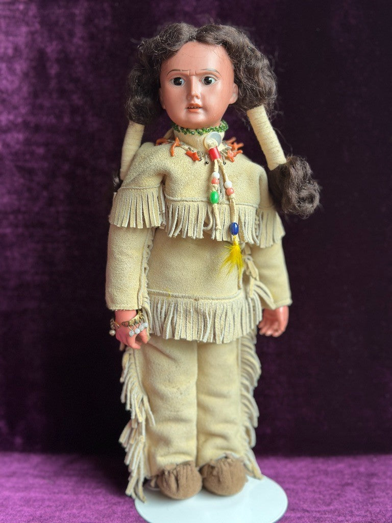 Rare Large Antique German 13” Native American Indian Bisque Head Doll Cloth Body