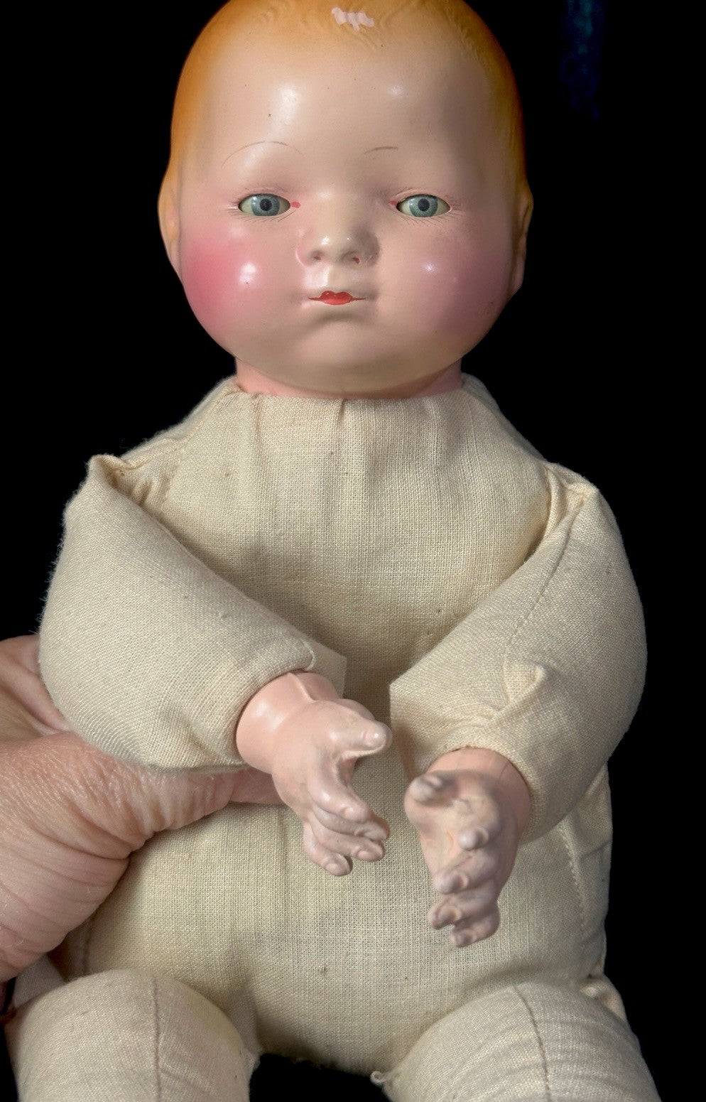 Rare Antique 1920’s Effanbee Composition 14” Doll Pat-O-Pat Tagged Outfit & Pin