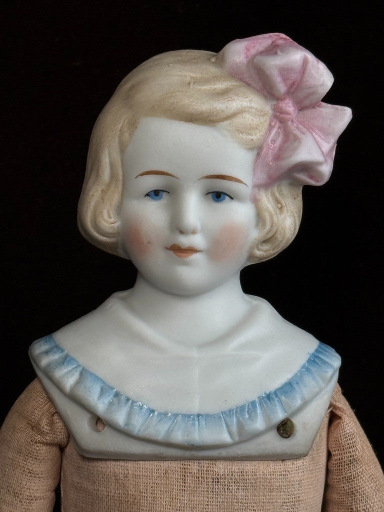 Antique German Hertwig 12” Bisque Molded Shoulder Plate and Bow Girl Doll