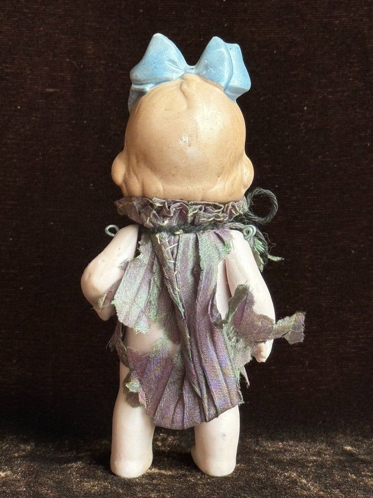 Antique German Hertwig Miniature 4" All Bisque Dollhouse Doll Molded Bow