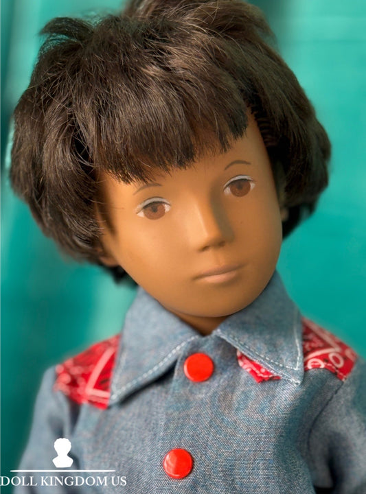 Collectible England Vinyl Brunette Boy Doll; Redressed/Denim Top