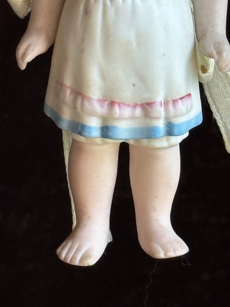 Lot of 2 Antique German 4" All Bisque Miniature Dollhouse Dolls Molded Dresses