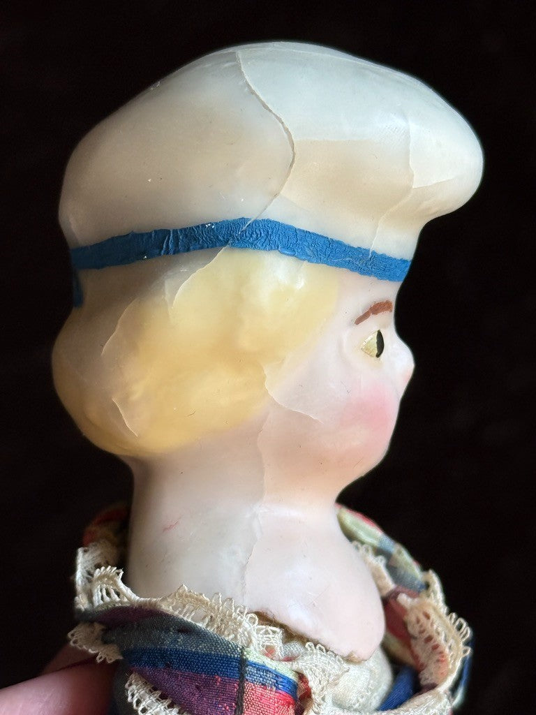 Antique German Cabinet Size 8.25” Wax Over Papier Mache Molded Hat Doll