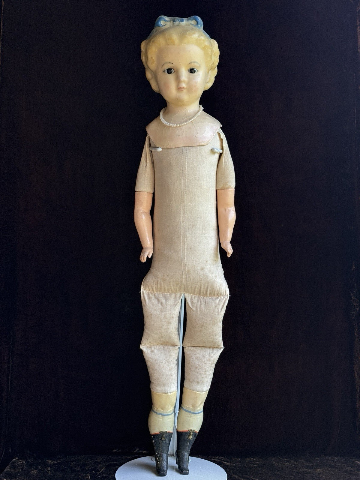 Large Antique German 30” Wax Over Papier Mache Alice Molded Bow Doll