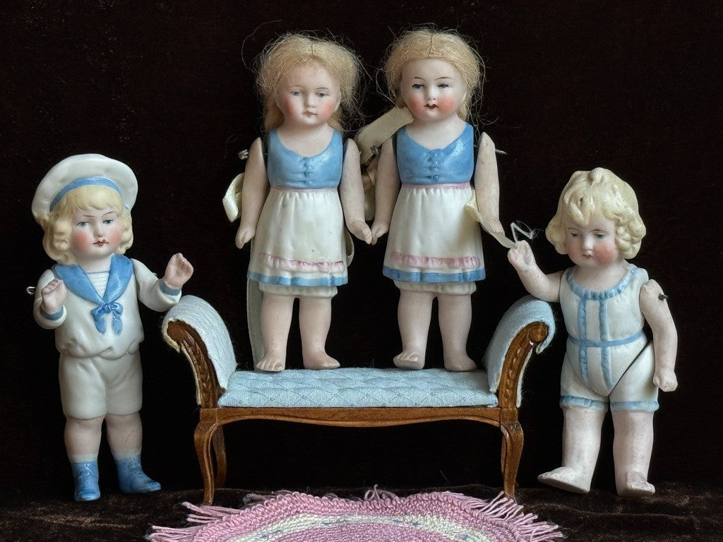 Lot of 2 Antique German 4" All Bisque Miniature Dollhouse Dolls Molded Dresses