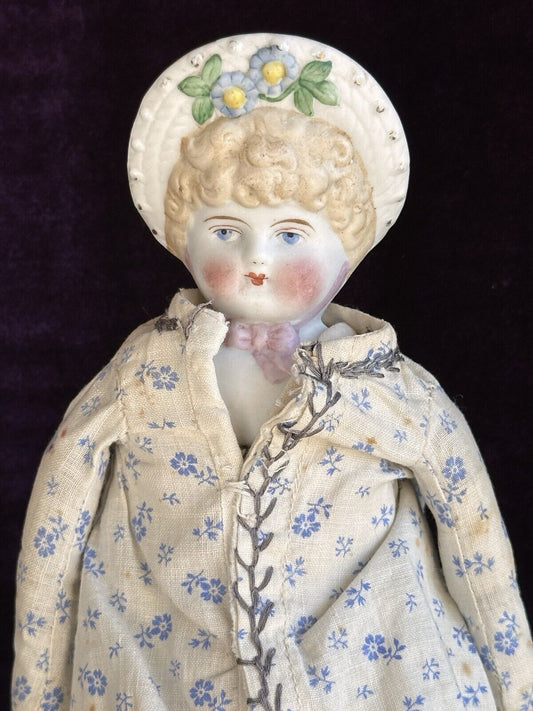 Antique German 12” Hertwig Molded Bonnet Parian Bisque Head China Doll