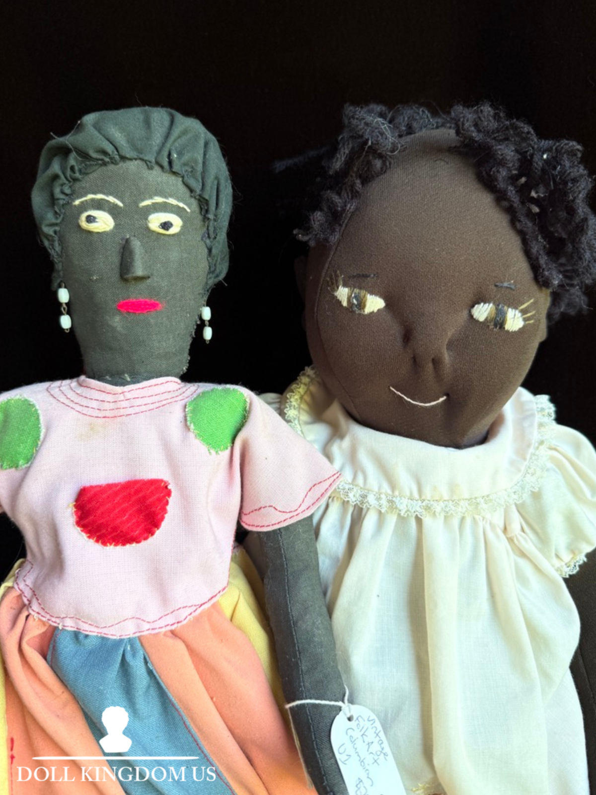 Lot of 2 Vintage Handmade Dark Complexion Cloth Folk Dolls
