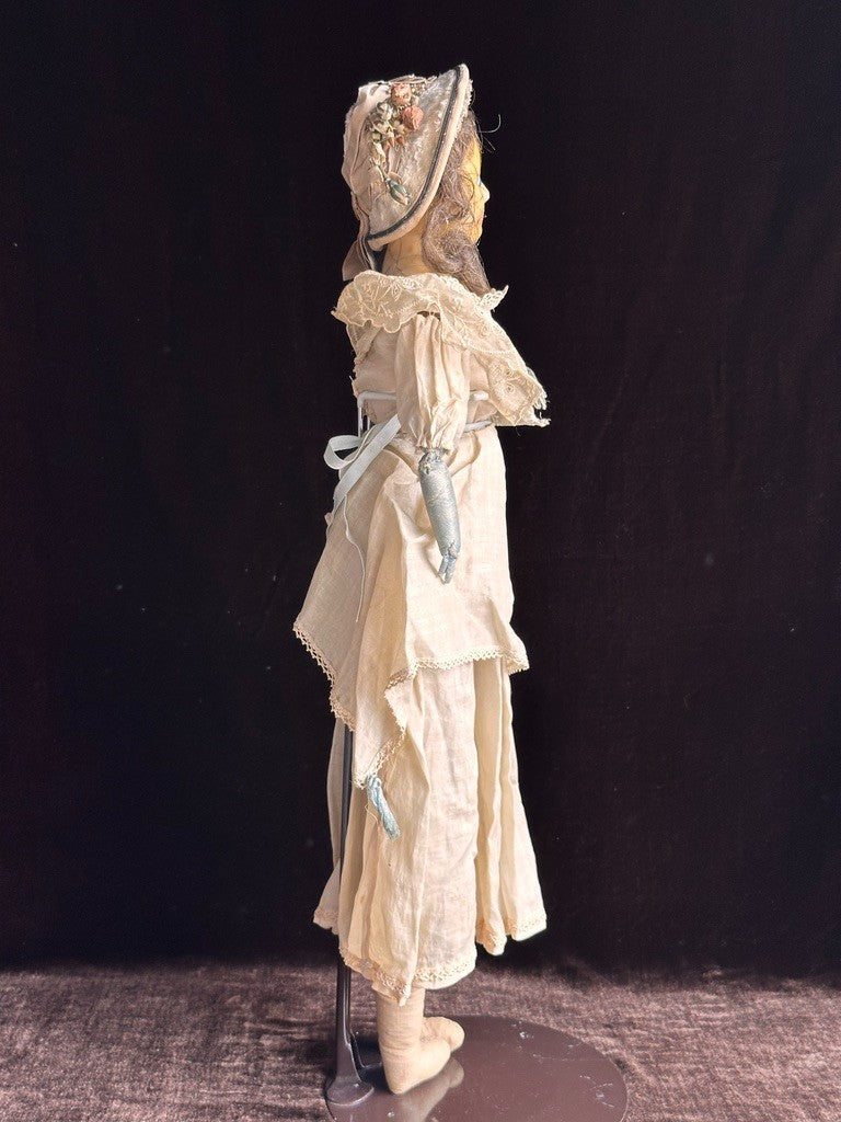 Antique English All Original Mad Alice 22” Wax Over Papier Mache Head Doll