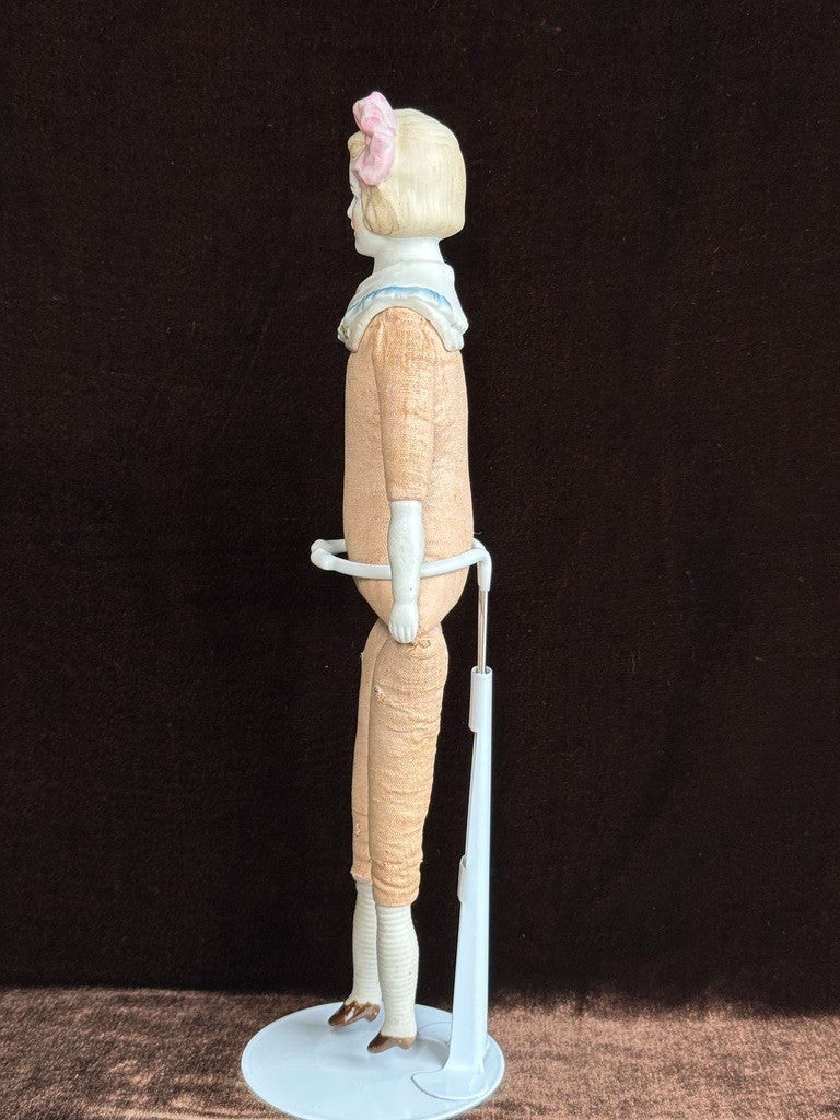 Antique German Hertwig 12” Bisque Molded Shoulder Plate and Bow Girl Doll