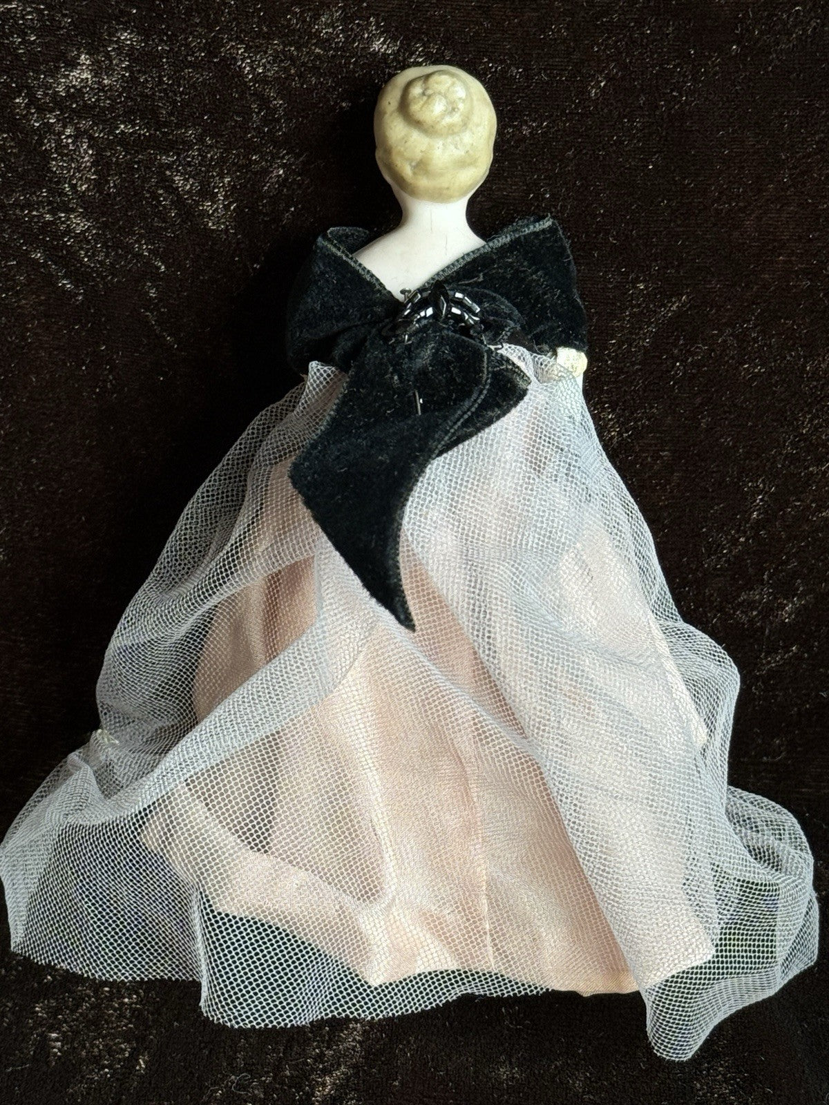 Antique German 5.875” Bisque Cloth Miniature Dollhouse Parian Doll with Bun