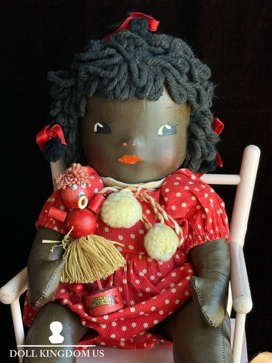Unidentified Vintage 15” Dark Complexion Oilcloth African American Girl Doll