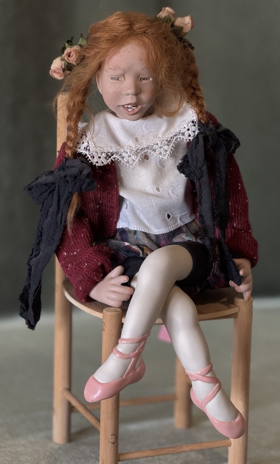 Collectible Artist Sandi McAslan 15” Doll “Nessie” LE 50 Chair/Tag/Catalog/Box