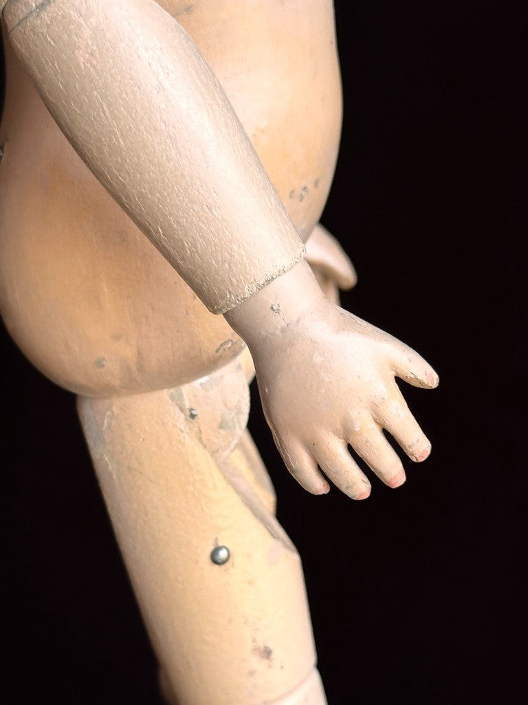 Antique American 16” Schoenhut 102 Series Wooden Doll Carved Braided Hair Bow