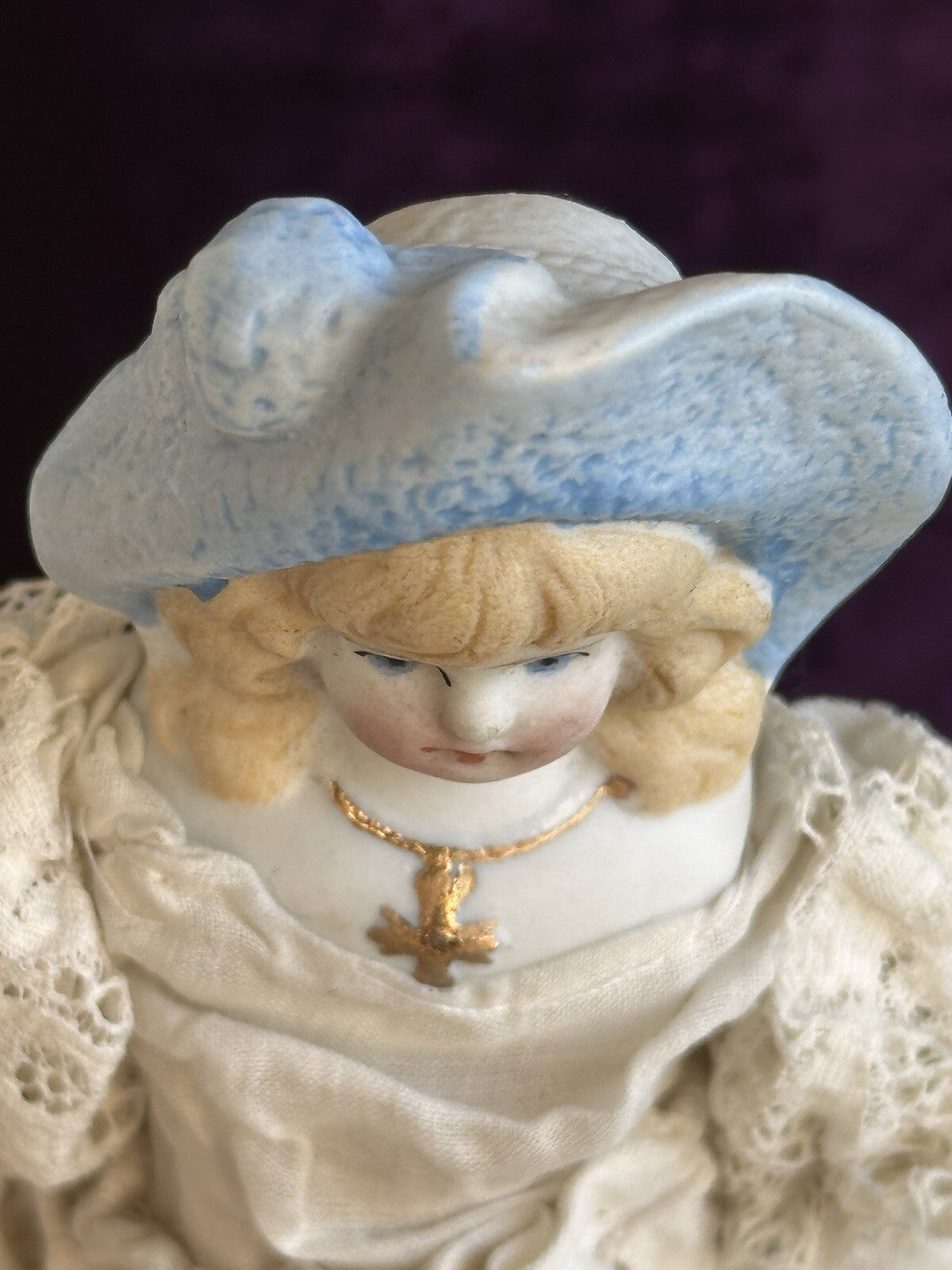 Antique German Miniature  7.5” Hertwig Molded Hat Parian Bisque Head China Doll