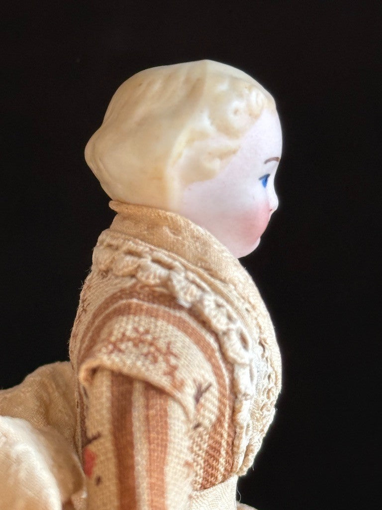 Antique German 4.5” Bisque Cloth Miniature Dollhouse Parian Doll