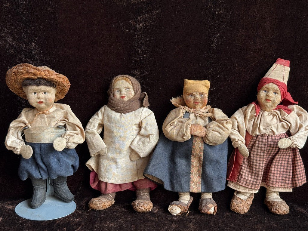 Lot of 4 Antique USSR 7” Cloth Stockinette Russian Dolls