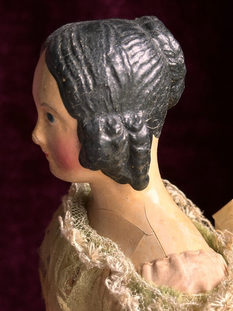 Antique German 14” Papier Mache Milliner’s Model Spaniel Ears Molded Bun Doll
