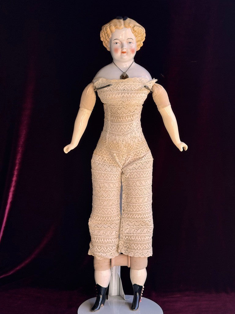 Large Antique German 26” Flat Top Highbrow China Shoulder Head Blonde Doll