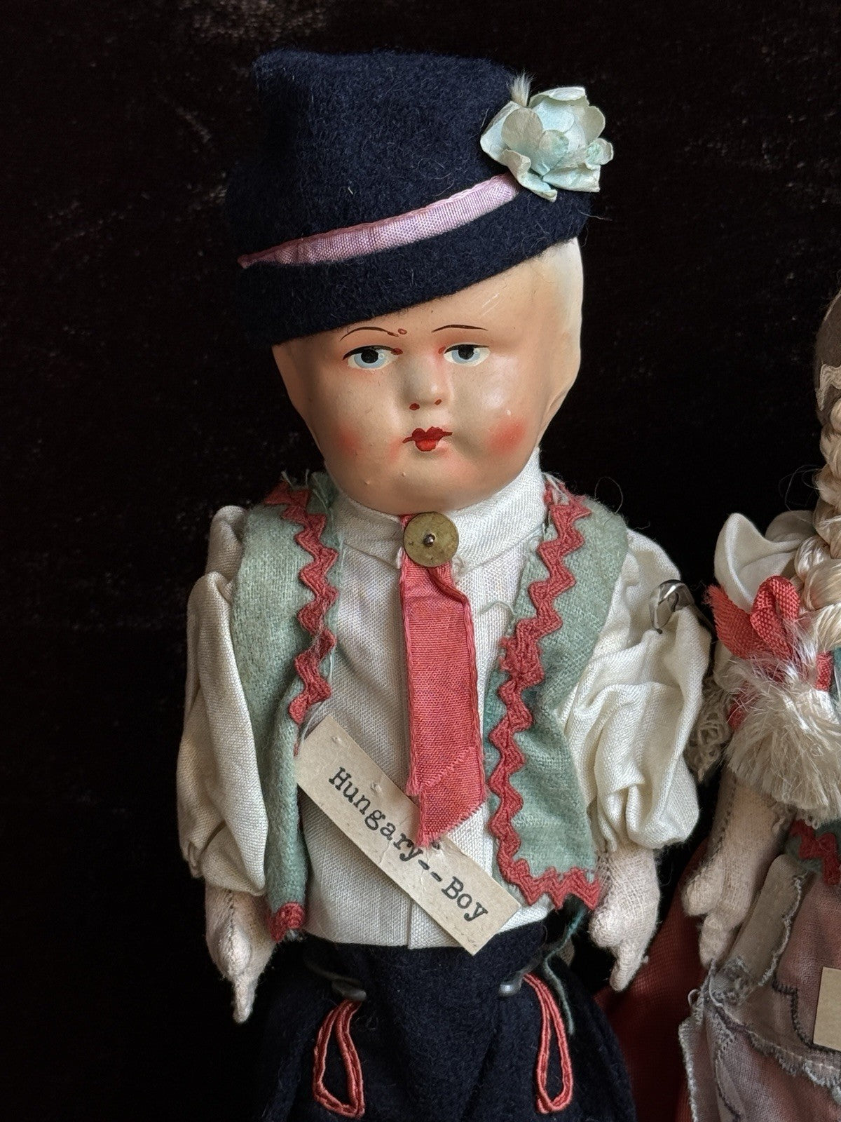Lot of 2 Vintage Hungarian 9.5” Boy and Girl Dolls in Traditional Costumes