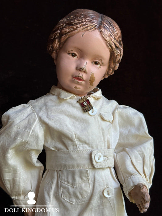 Antique American 16.5” Schoenhut 102 Series Wooden Doll Carved Braided Hair Bow