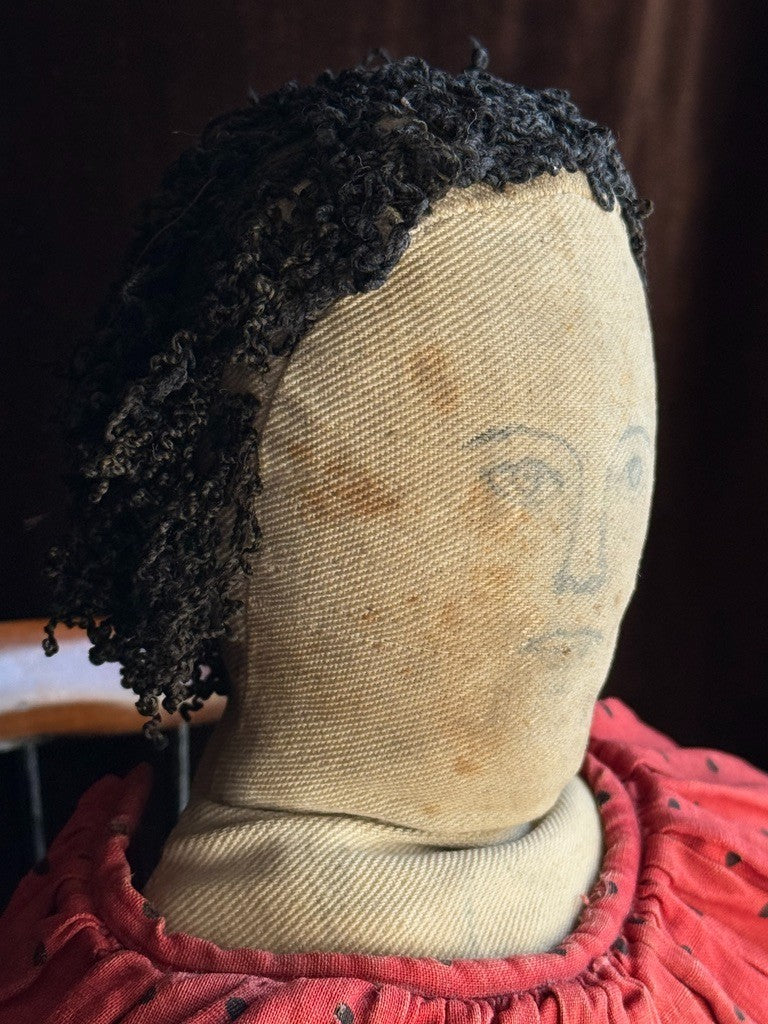 Antique American 21" Primitive Folk Art Cloth Rug Portrait Doll