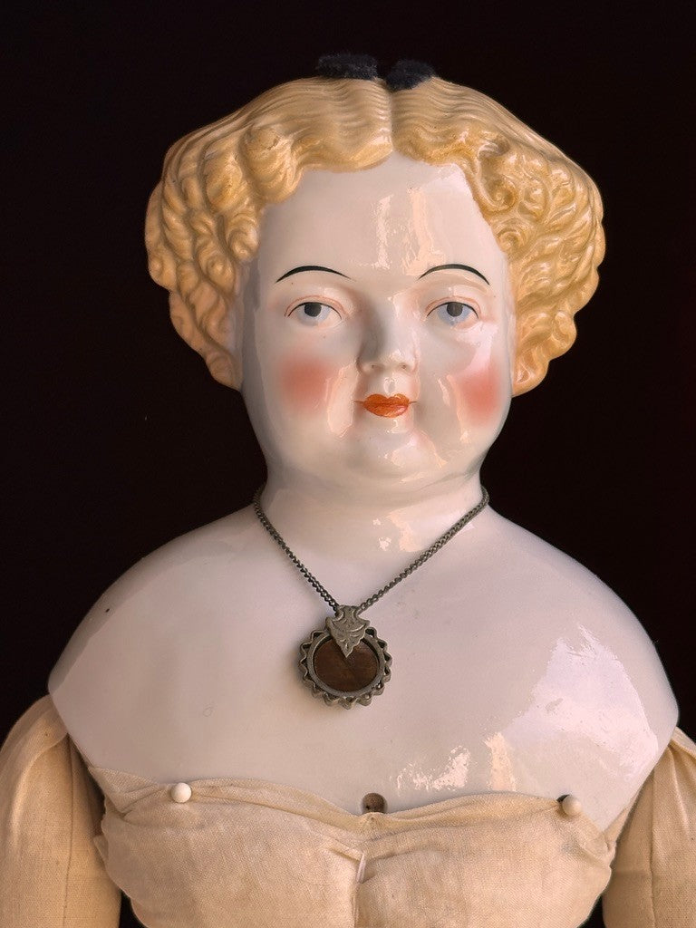 Large Antique German 26” Flat Top Highbrow China Shoulder Head Blonde Doll