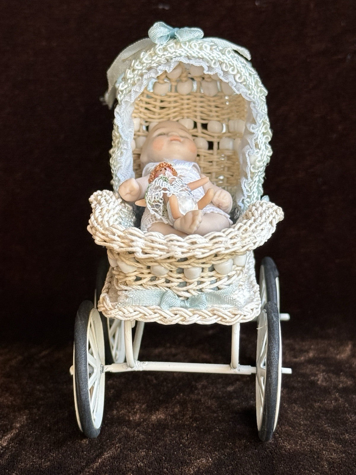 Lot of Miniature Dollhouse Buggy and Porcelain Baby Doll