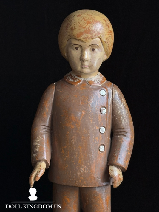 Vintage European 18” Folk Art Wood Carved Figurine of Boy Doll