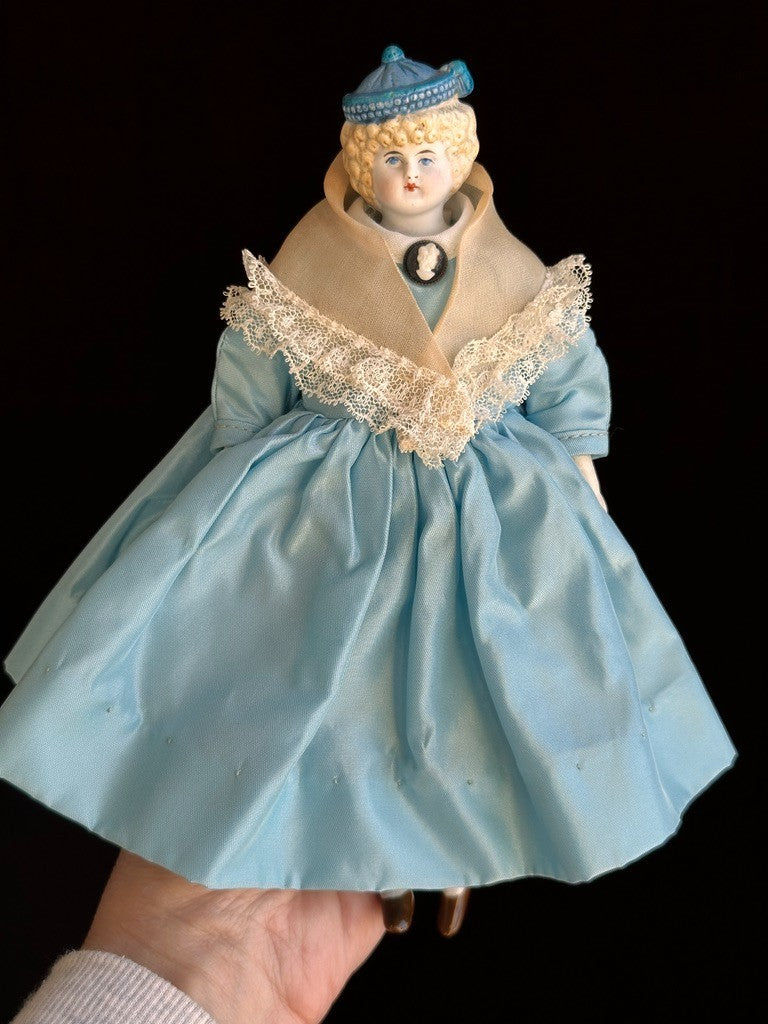Antique German Hertwig Cabinet Size 8” Bisque Molded Shoulder Plate and Hat Doll