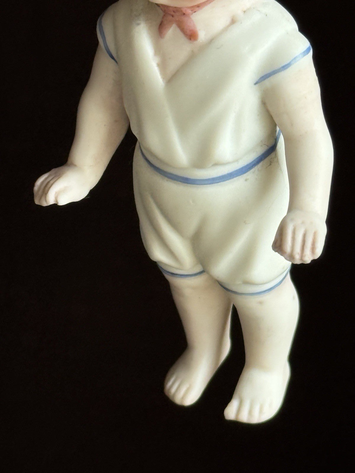 Antique German 4” Frozen Charlotte Bisque Doll With Molded Bonnet/Swim Suite