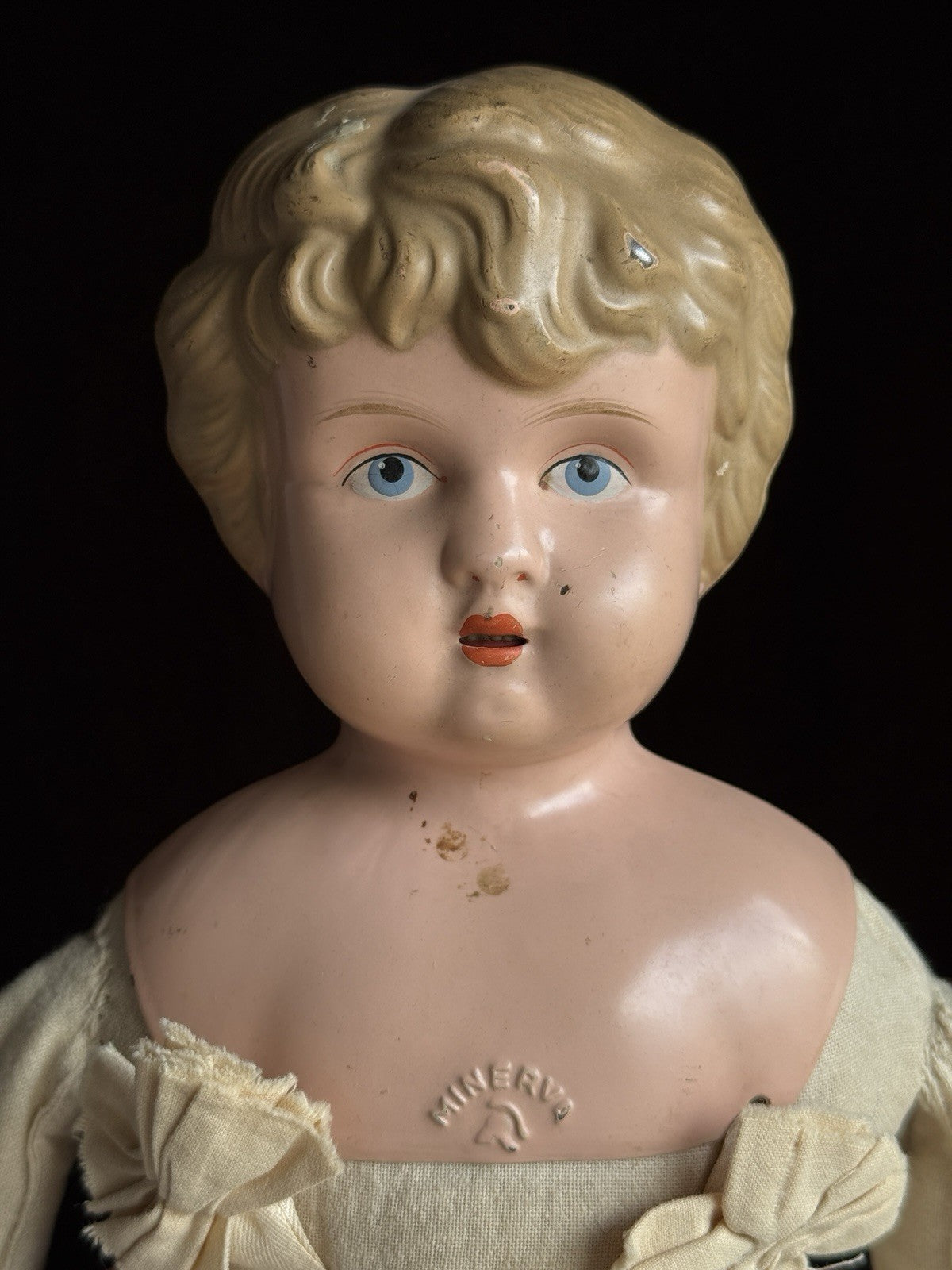 Antique German 24” Minerva Metal Tin Head Fashion Doll