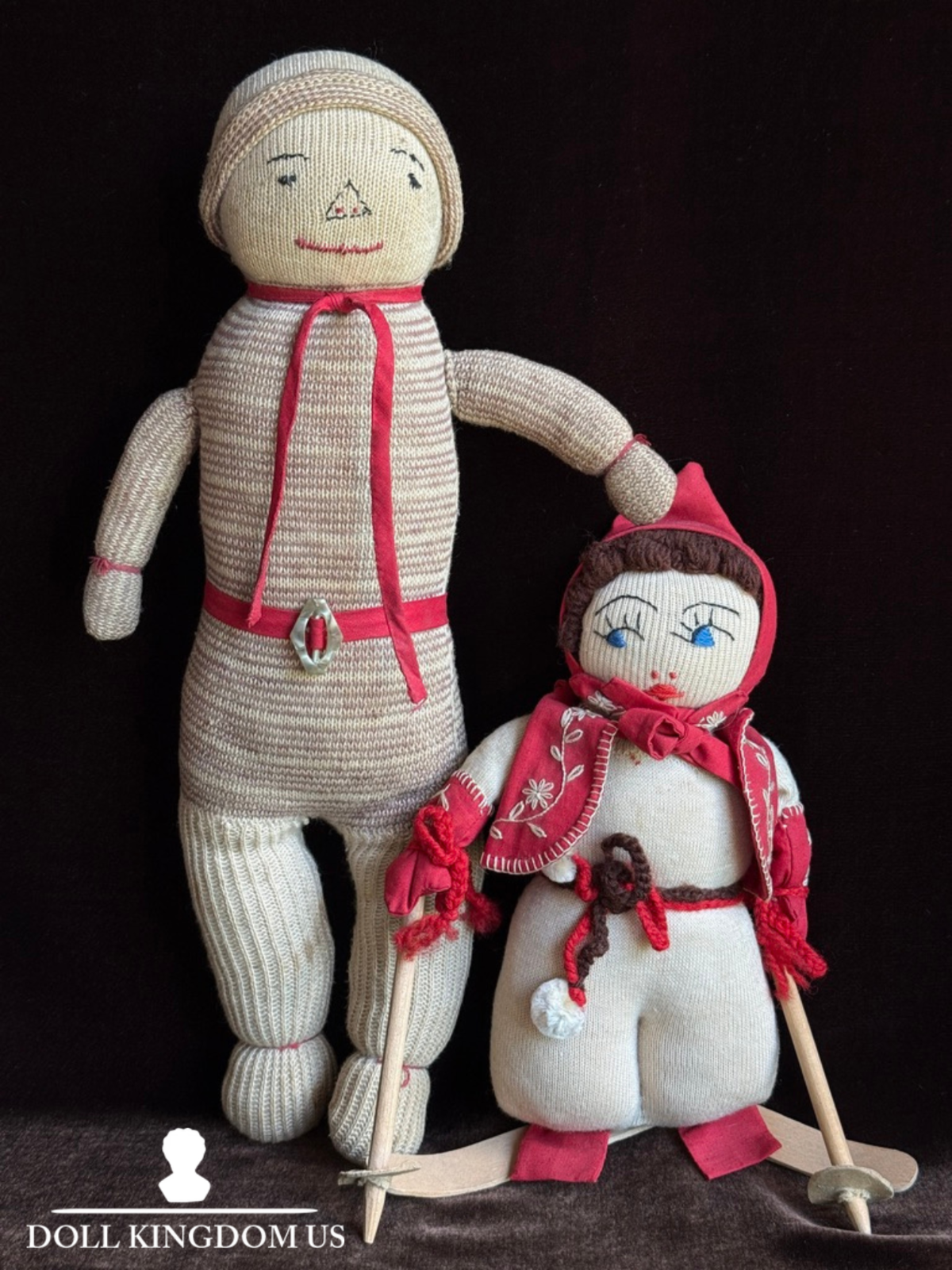 Lot of 2 Vintage Stockinette Knitted Embroidered Cloth Dolls