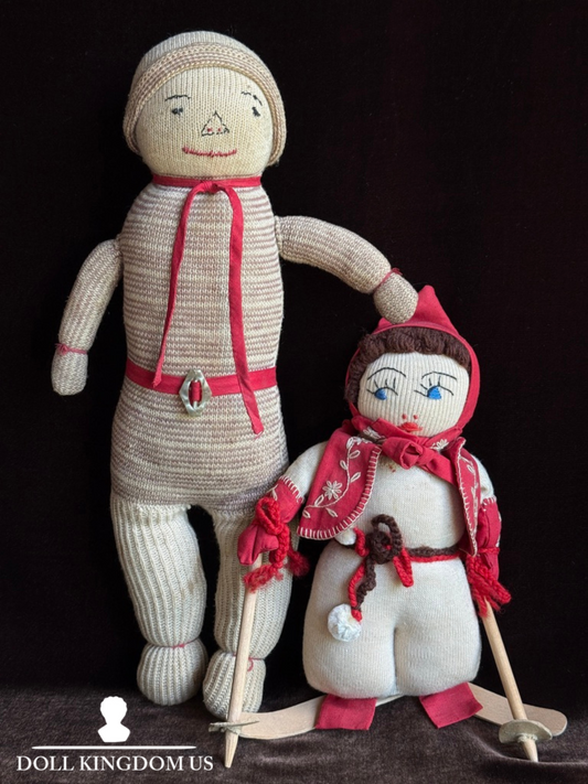 Lot of 2 Vintage Stockinette Knitted Embroidered Cloth Dolls