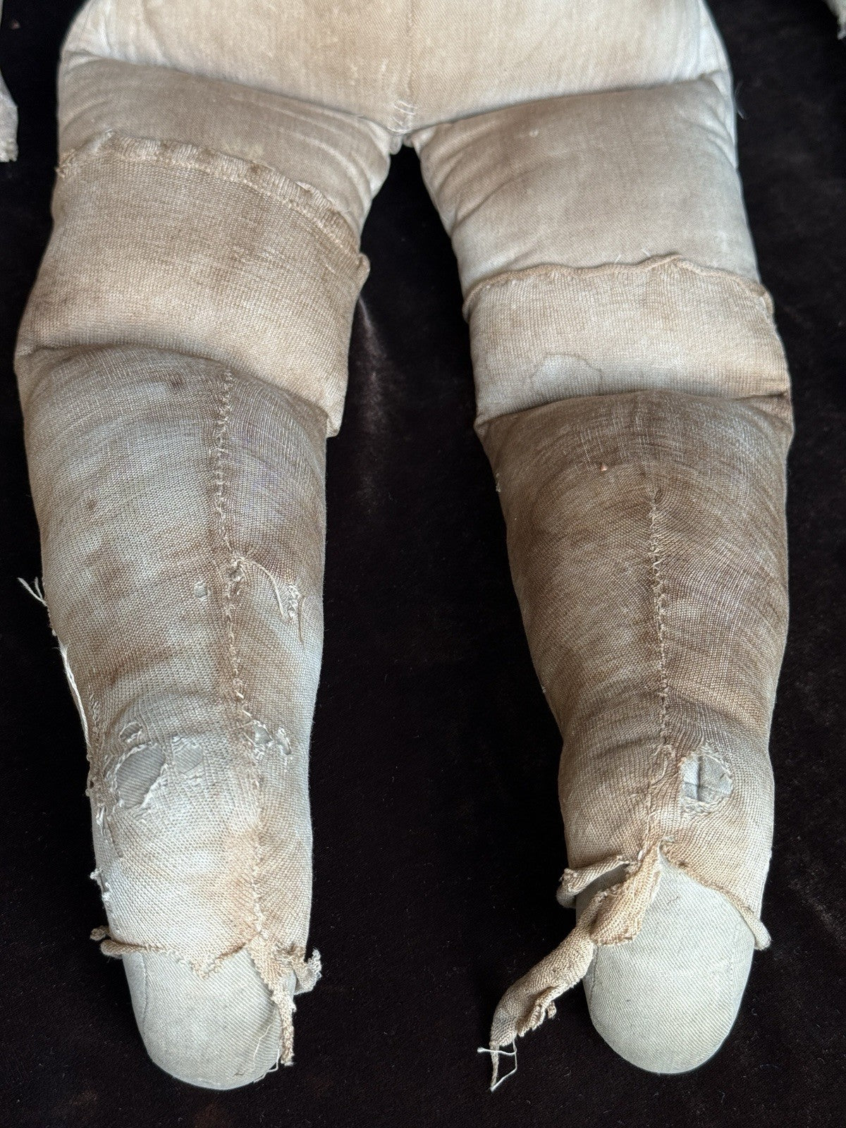 Early Antique American 28” Primitive Folk Cloth Rug Oil Painted Doll