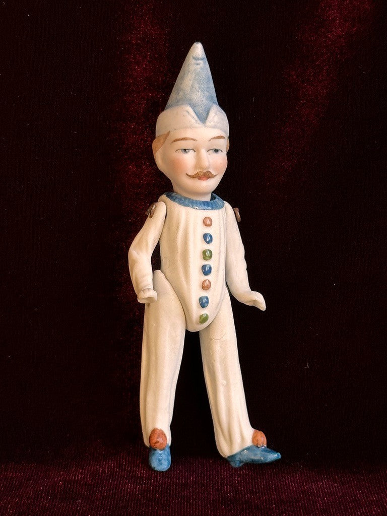 Antique German 4.375” Miniature All Bisque Jester Clown Dollhouse Doll