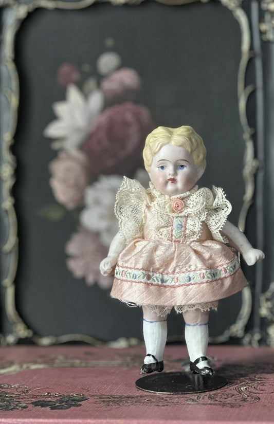 Antique German Bisque 4 3/4” Mignonette Girl Doll Dollhouse Cabinet Size