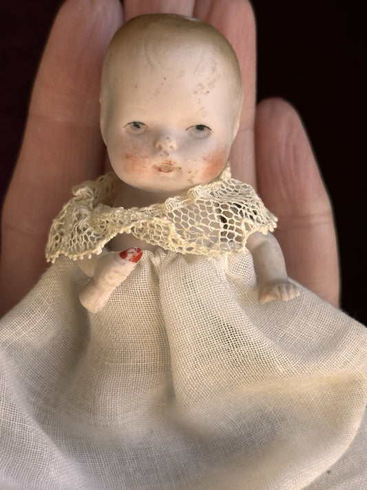 Antique German 3.375” All Bisque Hertwig Miniature Baby Doll Molded Bottle