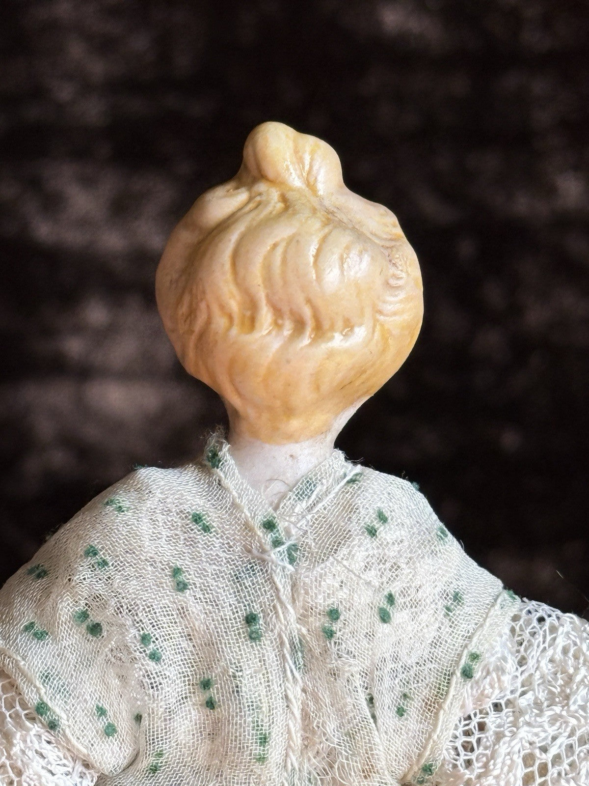 Antique German 5.5” Bisque Cloth Miniature Dollhouse Parian Doll with Bun